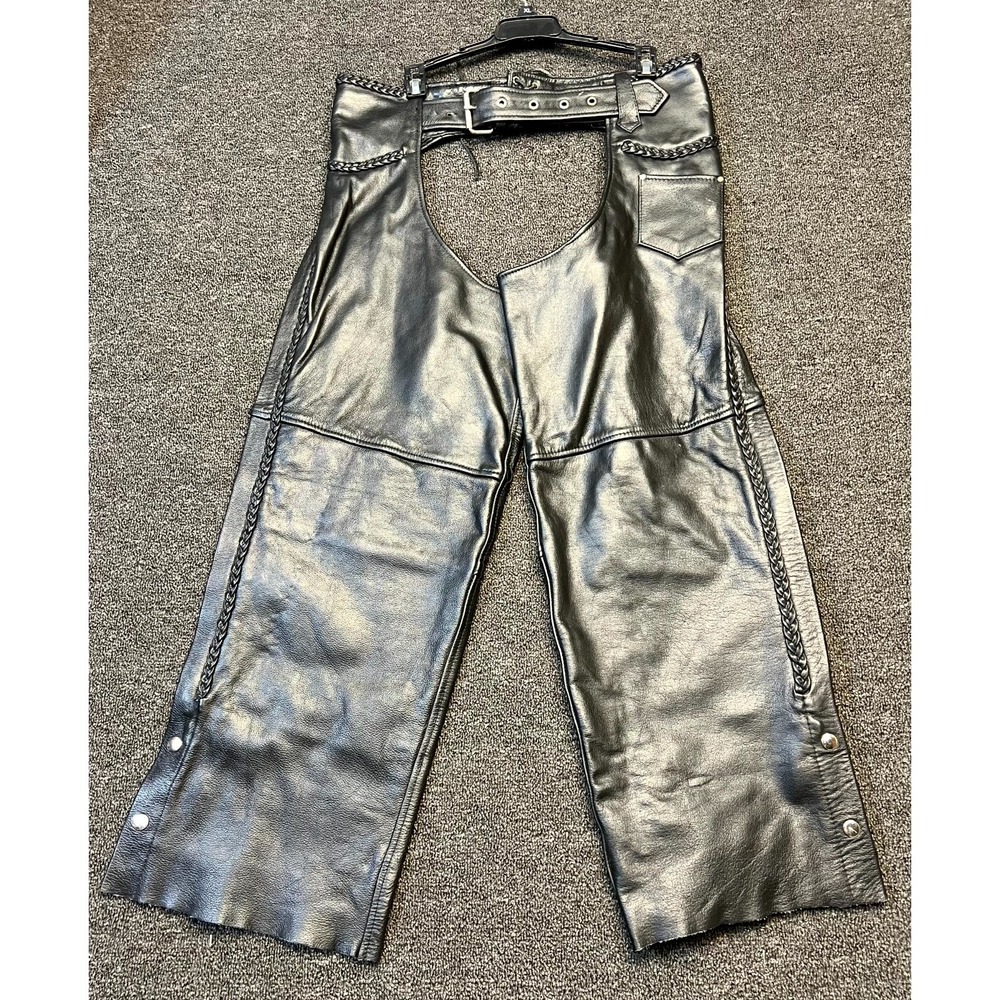 Xelement Leather Bike Riding Chaps Men's 16 Black Braided Trim Adjustable Belted